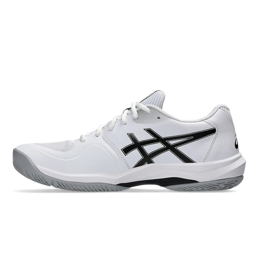 White Asics tennis shoe with black accents on a white background