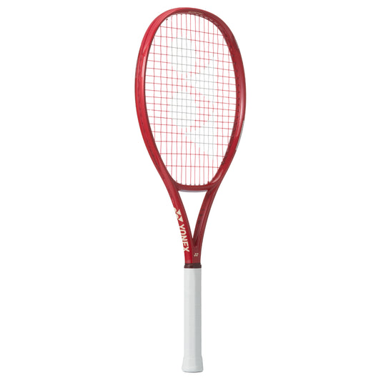 Red Yonex tennis racket with white handle on a white background