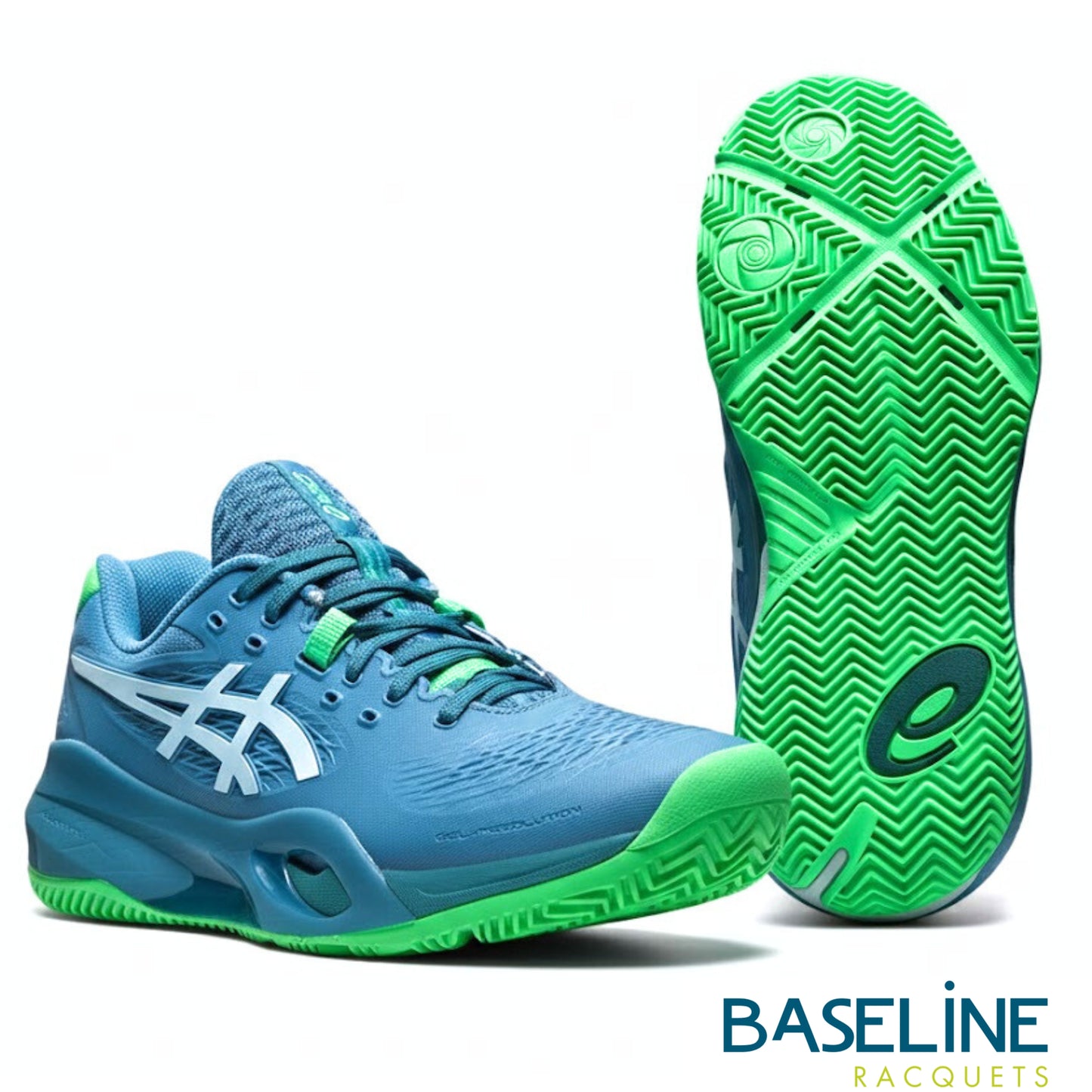 Blue and green tennis shoe with brand logo on a white background