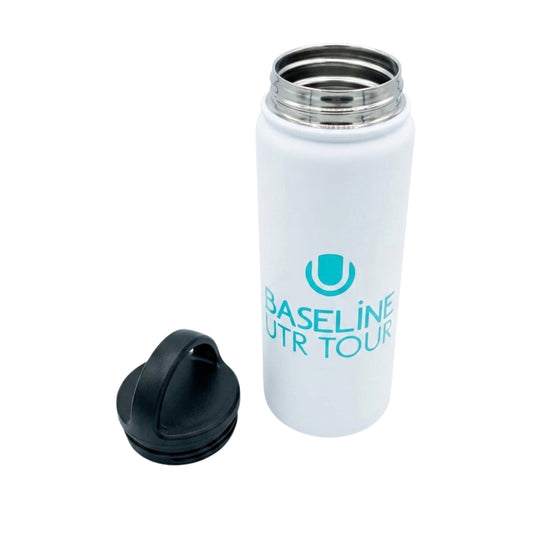 White water bottle with a black cap with a turquise Baseline UTR Tour Logo on a white background