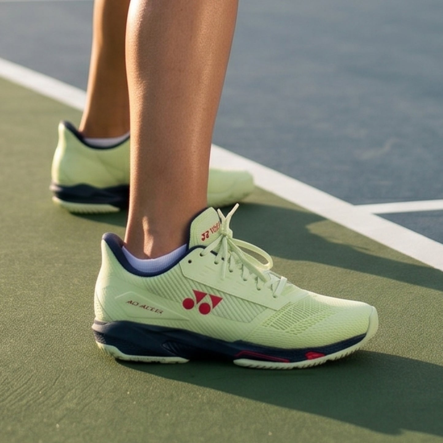 Light green athletic shoes with a brand logo on a tennis court