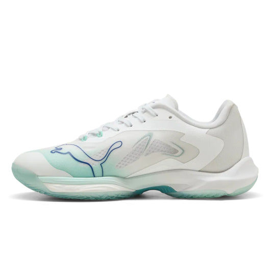 White and green netball shoe with a brand logo on a white background