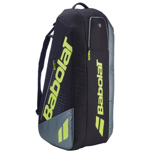 Gray and black tennis bag with green branding on a white background