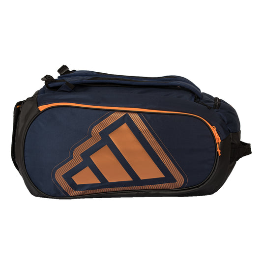 Navy and black adidas padel bag with orange accents on a white background