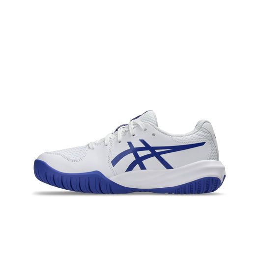White Asics tennis shoe with blue accents on a white background