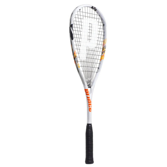 Prince Squash racket with black and orange design on a white background