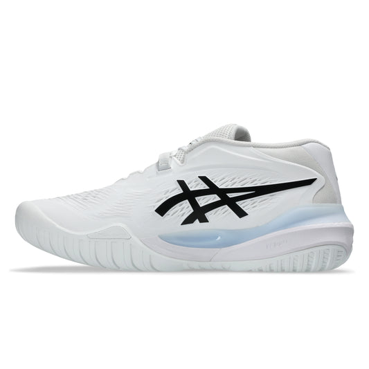 White tennis shoe with black logo on a white background