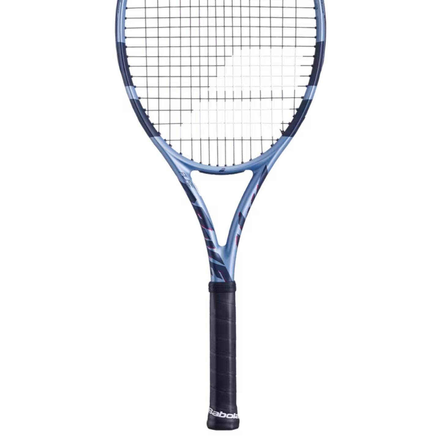 Blue and Navy Babolat racket with wording Pure Drive and black handle