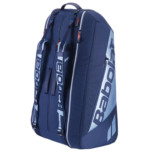 Blue Babolat tennis racket bag on a white background