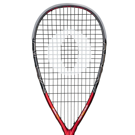 Squash racket with red and black design on a white background