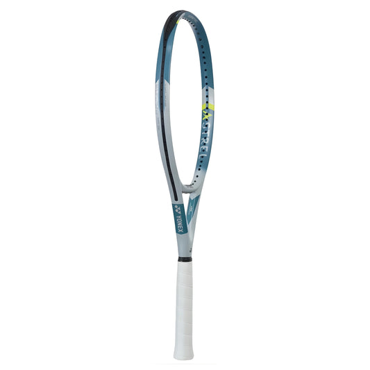Yonex Tennis racket with a white and blue design on a white background