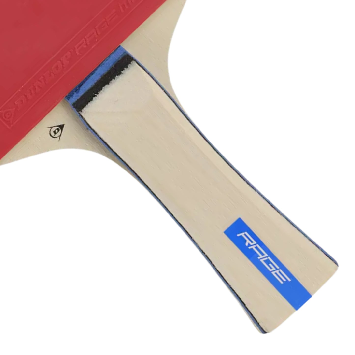 Table tennis racket with a blue line with the word rage on the bottom