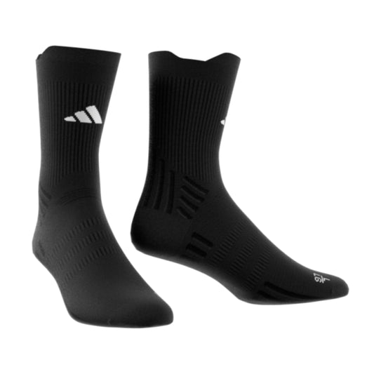 Black Adidas socks with a logo on a white background