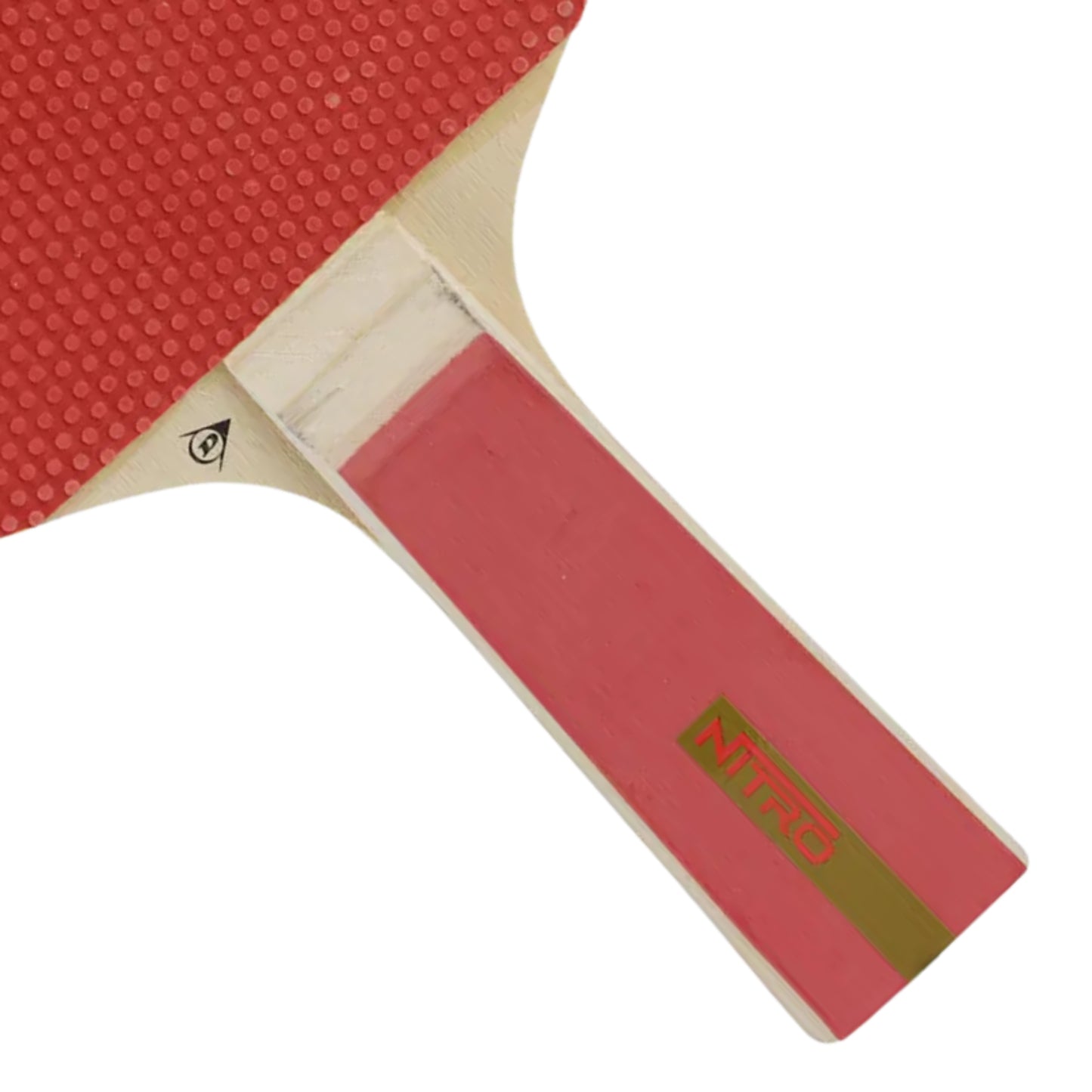 Table tennis bat with front facing and textured front with a red handle and wording Nitro on it