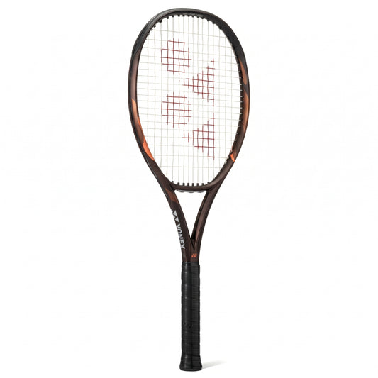 A Yonex tennis racket with a dark brown and black frame featuring subtle orange flame accents, black strings, and a black grip, shown against a plain white background.