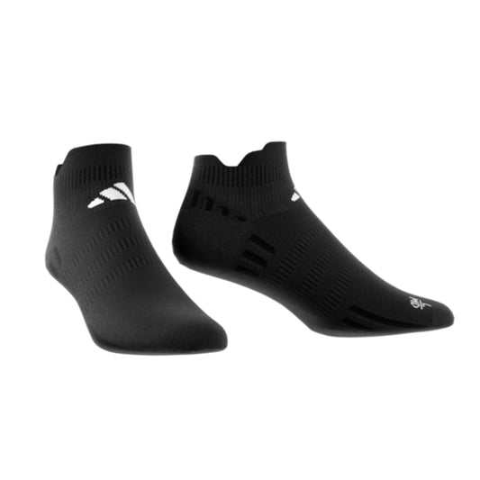 Black Adidas socks with a brand logo on a white background