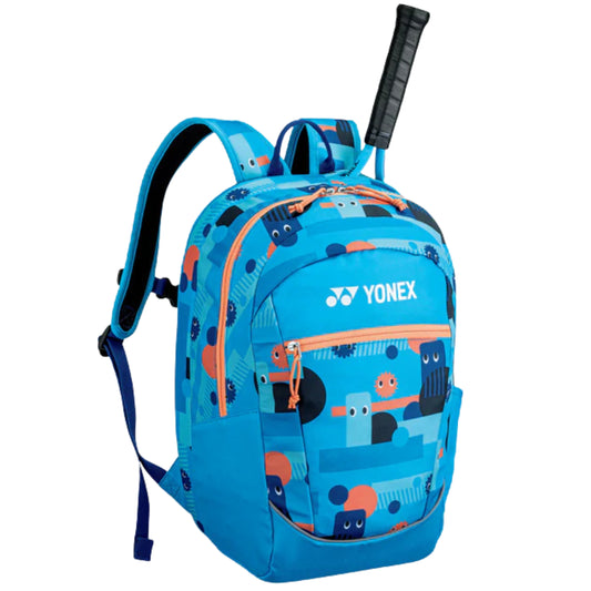 Blue backpack with cartoon designs and Yonex branding on a white background