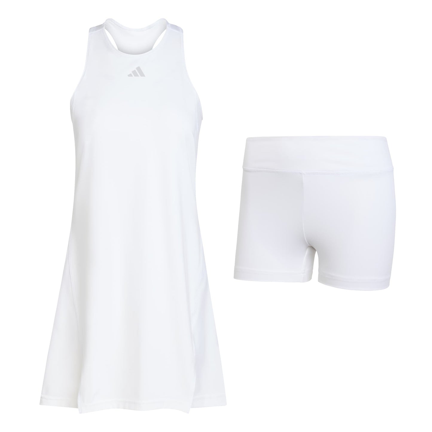 White adidas dress and shorts set with Adidas logo on a white background