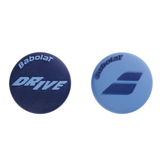 Two Babolat tennis dampeners, one blue and one navy, on a white background.