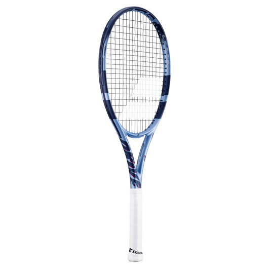 Babolat tennis racket with blue and white design on a white background