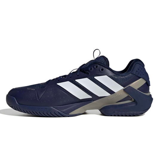 Navy blue adidas tennis shoe with white stripes on a white background