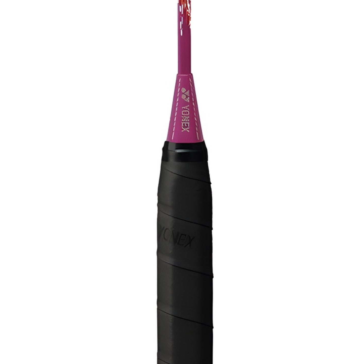 Black and purple badminton racket handle with pink top on a white background