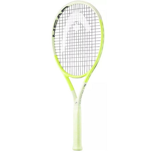 Tennis racket with a bright yellow frame on a white background