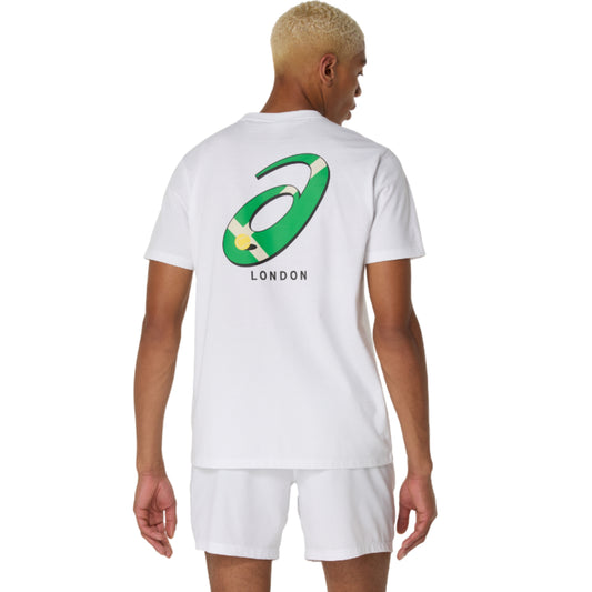 Person wearing a white t-shirt with a green logo on the back, standing against a white background