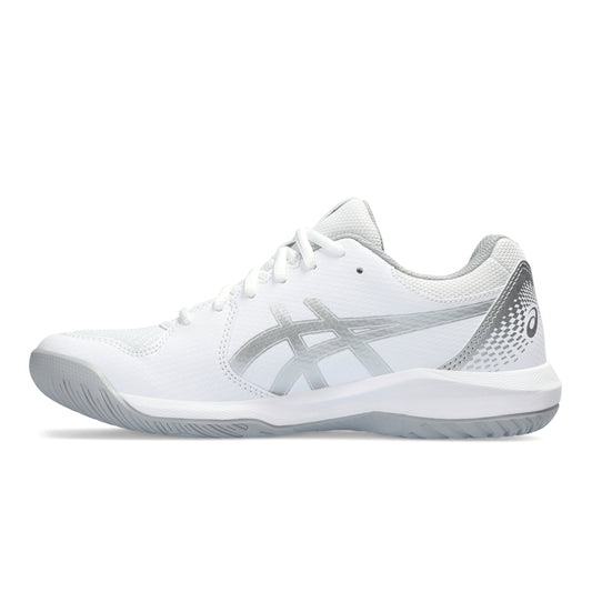 White and silver tennis shoe with a brand logo on a white background