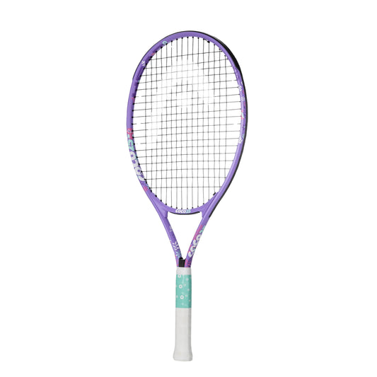 A purple and pink Head tennis racket with a white grip and mint green tape wrap, shown vertically against a plain white background.