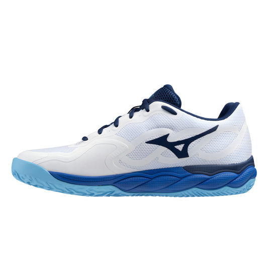 White and blue tennis shoe on a white background