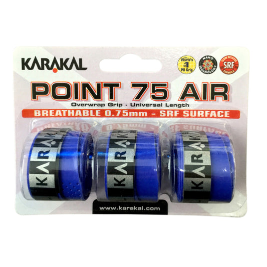 Karakal Point 75 Air blue overwrap grip packaging with three blue grips.