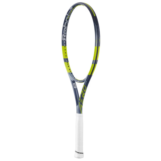 Tennis racket with gray and yellow design on a white background