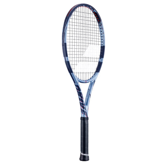 Babolat tennis racket with blue and black design on a white background