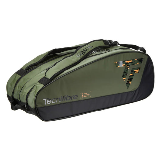 Green and black Tecnifibre tennis bag on a white background