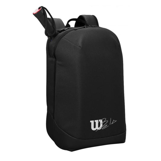 Black backpack with a visible brand logo on a white background