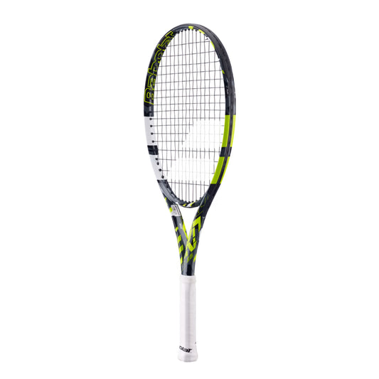 Babolat tennis racket with black and yellow design on a white background