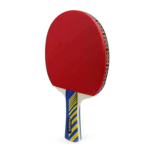Red tennis bat with a blue and yellow handle on a white background