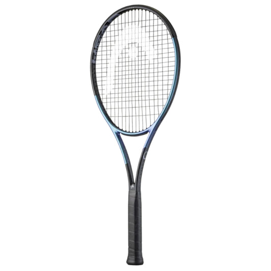 Black and shiny blue Head tennis racket on a white background