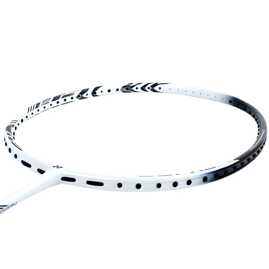 White badminton racket with black patterns on a white background