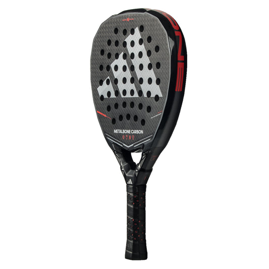 Black Adidas padel racket with visible branding on a white background