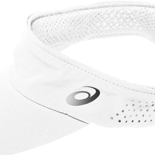 White visor with a brand logo on a white background