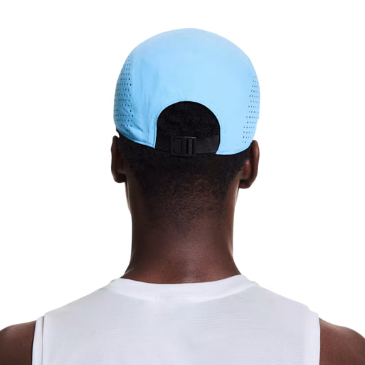 Back view of a man wearing a light blue baseball cap with a black adjustable strap, shown against a plain white background.