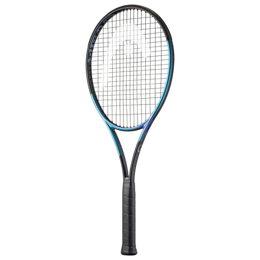 Head tennis racket with blue and black design on a white background