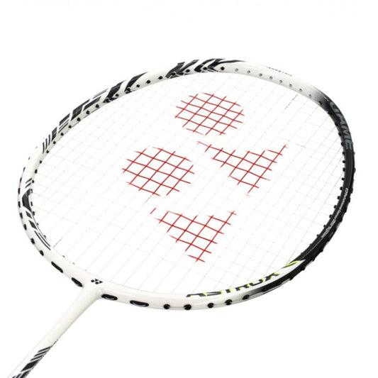 Badminton racket with a white frame and black and red pattern on the strings against a white background