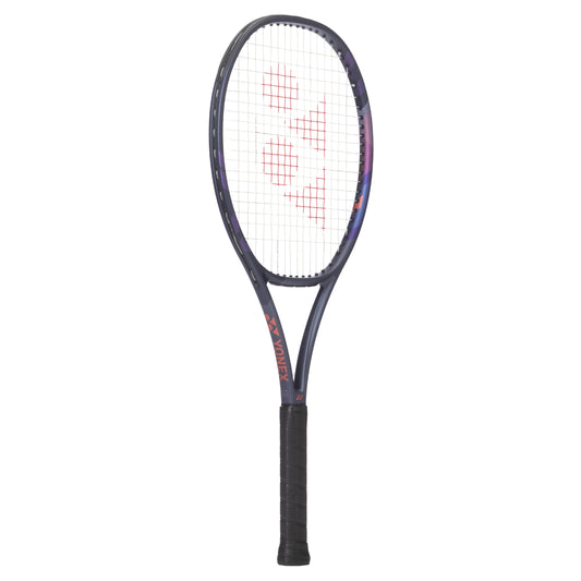 Yonex tennis racket with a white strings pattern on a white background