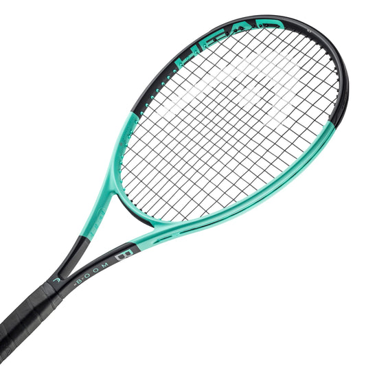 Head Tennis racket with green frame and black handle on a white background