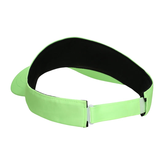 Neon green visor with black strap on a white background