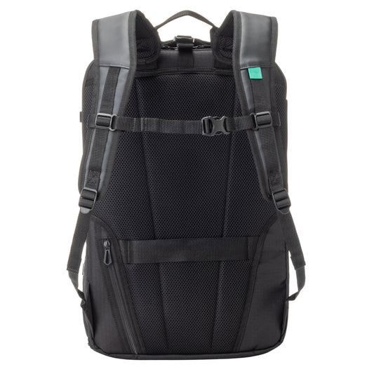 Black backpack with black straps on a white background