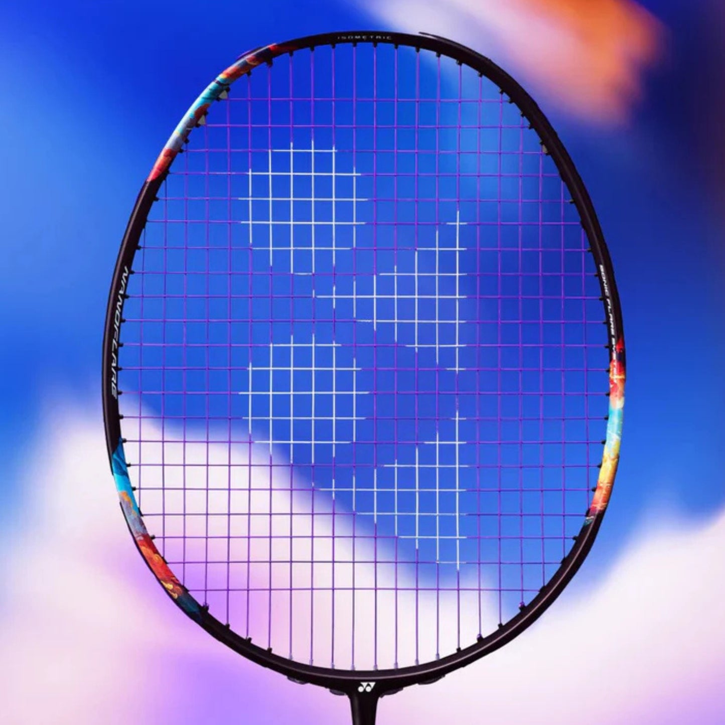 Badminton racket with colorful frame against a blue and purple gradient background